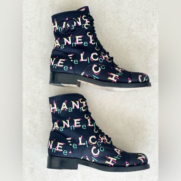 Chanel 2019 Interlocking CC Logo Multi Colored Combat Boots Size 37.5 - Picture 8 of 13